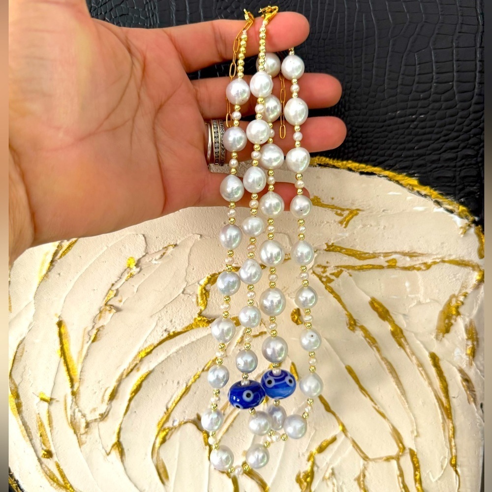 Elegant Pearl and Blue Murano Evil Eye Necklace & one Hair Clip #34